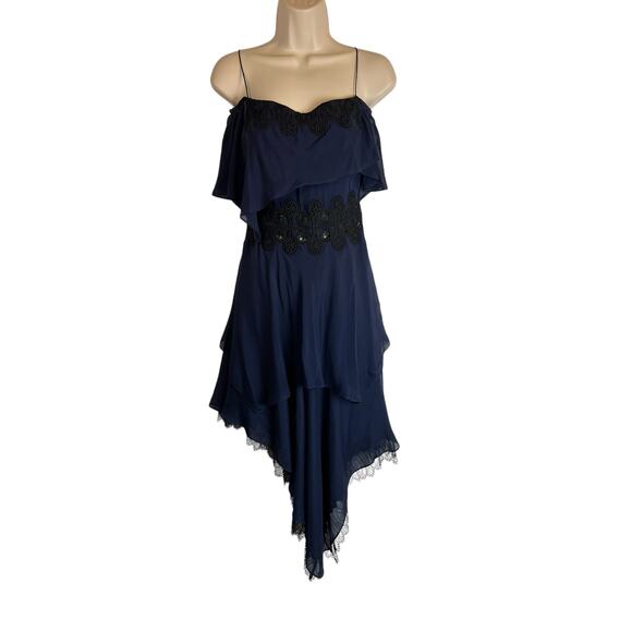 Jonathan Simkhai Blue Silk Black Lace Party Dress Cocktail Ruffle 0 - Picture 1 of 13